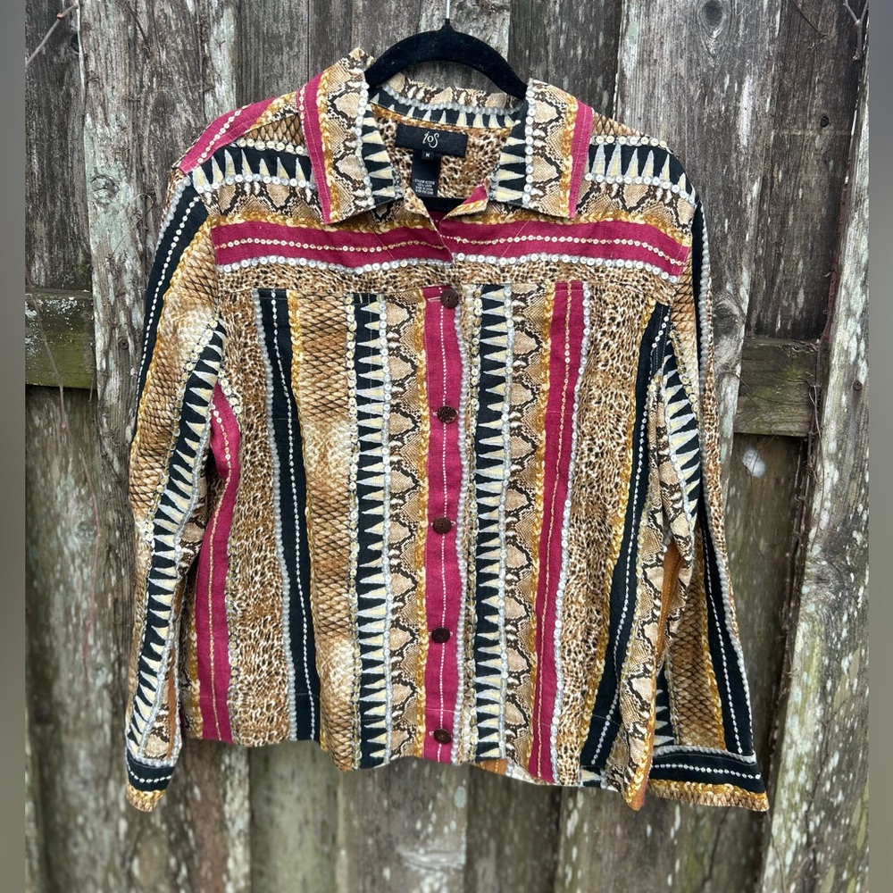 iOS Linen Animal Print Button Up Shirt Boho Tribal Pattern Medium